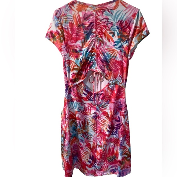 Reel Legends Open Back Tropical Floral Print Short Sleeve Stretchy Dress Size M - Picture 3 of 13